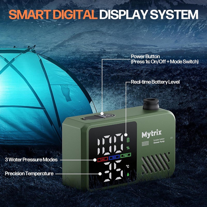 Mytrix Portable Camping Shower Pump with Foldable Bucket, 10L/Min High Flow, 7800mAh Rechargeable Battery, 4 Spray Modes, IPX8 Waterproof Outdoor Shower for Hiking, Travel & Pets - Image 4
